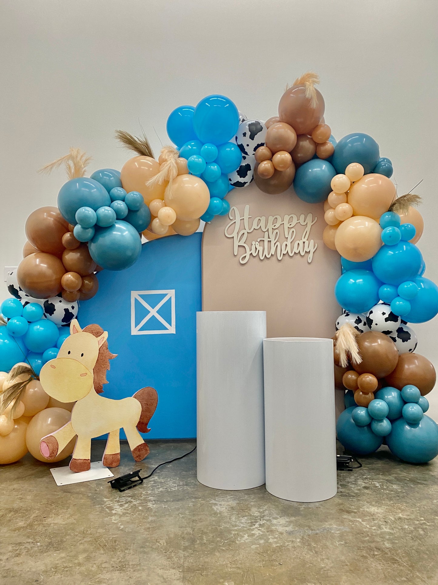 Yeehaw DIY Balloon Arch Garland Kit | Muted Blue Brown Cow Print Beige | First Rodeo Cowboy Kids Adults Birthday Party Organic Balloon Decor