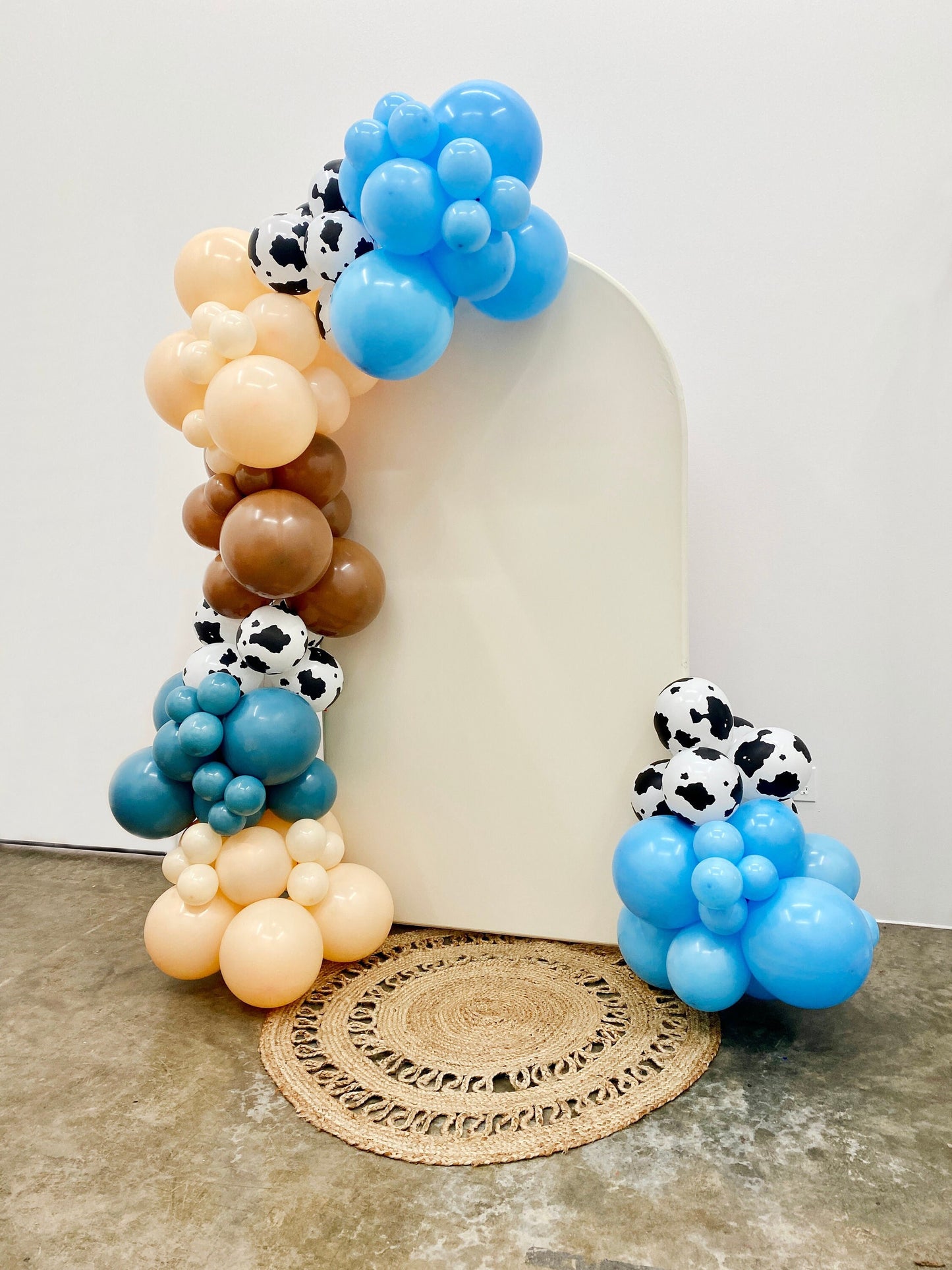 Yeehaw DIY Balloon Arch Garland Kit | Muted Blue Brown Cow Print Beige | First Rodeo Cowboy Kids Adults Birthday Party Organic Balloon Decor